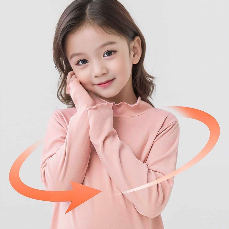 Vaikų terminis bazinis marškinėlis mergaitėms su raukšlėmis kraštuose ir aukštu kaklu, 95% poliesteris, minkšta apdaila, pavasario ir rudens sezonui, amžius 3–8 metų.