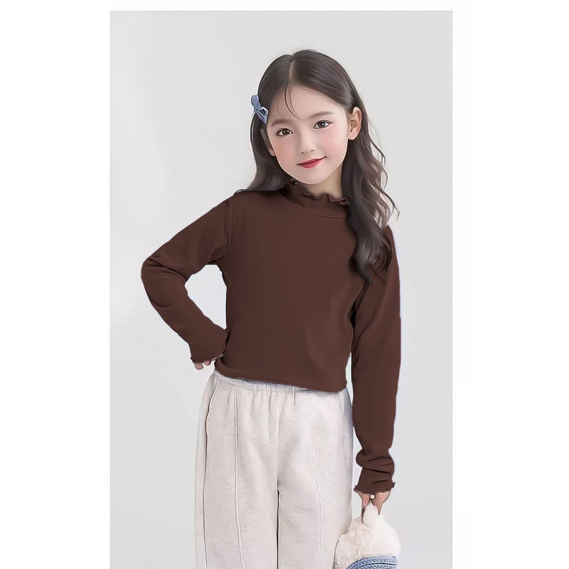 Vaikų terminis bazinis marškinėlis mergaitėms su raukšlėmis kraštuose ir aukštu kaklu, 95% poliesteris, minkšta apdaila, pavasario ir rudens sezonui, amžius 3–8 metų.