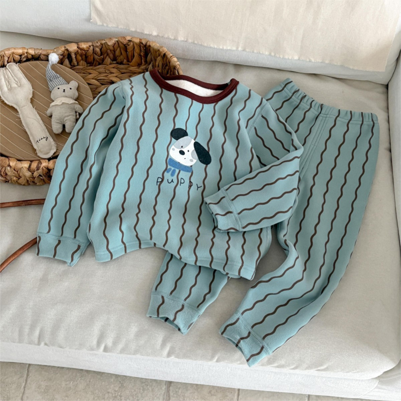 Gyerekek melegítő alsó-felső készlet, vastag műszálkeverék, antibakteriális, nedvességelvezető, hosszú ujjú, kerek nyakú, koreai stílusú osztott dizájn, 3–8 éveseknek, tél