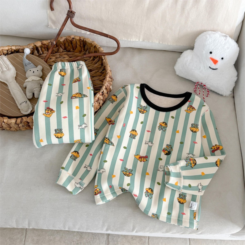 Gyerekek melegítő alsó-felső készlet, vastag műszálkeverék, antibakteriális, nedvességelvezető, hosszú ujjú, kerek nyakú, koreai stílusú osztott dizájn, 3–8 éveseknek, tél