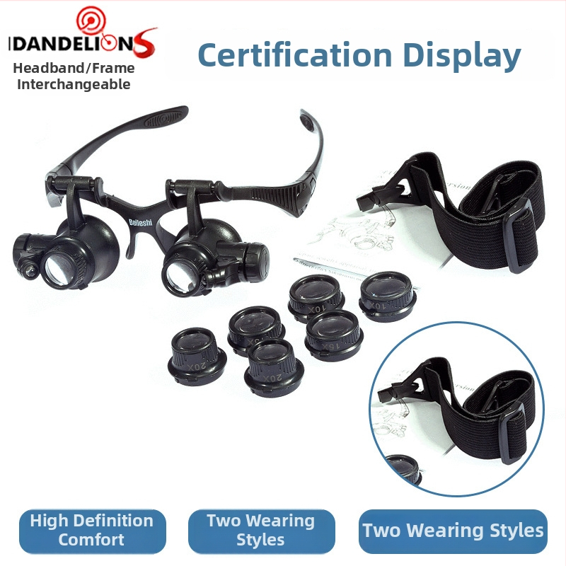 Beileshi galvos uždedama didinamoji lupa su LED apšvietimu laikrodžių remontui, 4 lęšių komplektai