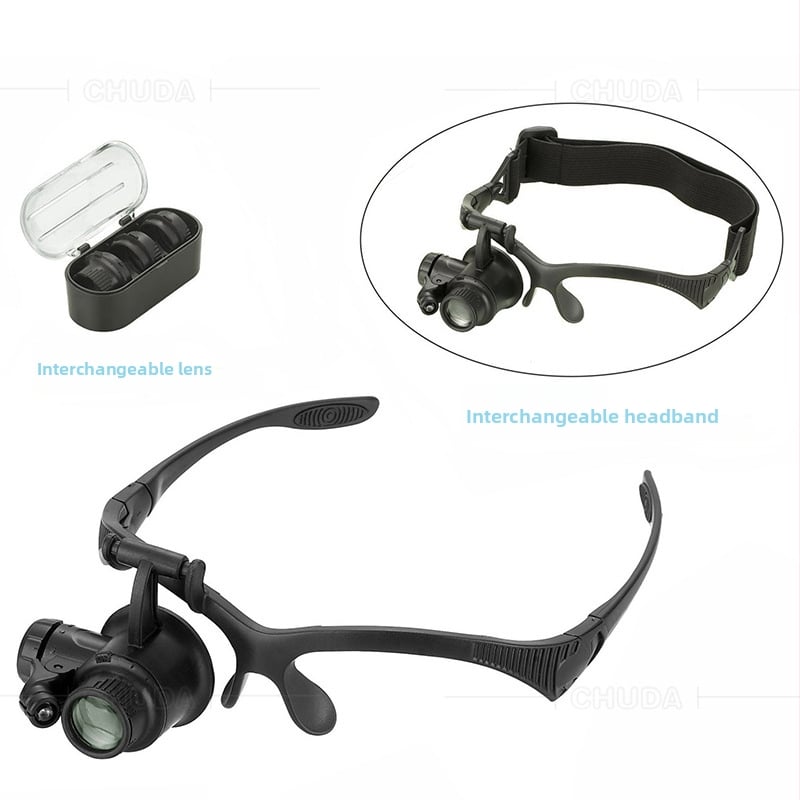 Galvos užsidėjimo didinamoji lęšio su LED apšvietimu, keičiamas galvos dirželis ir lęšiai, didinimas 10x–25x, plastiko korpusas su akriliniais lęšiais, modelis 9892F