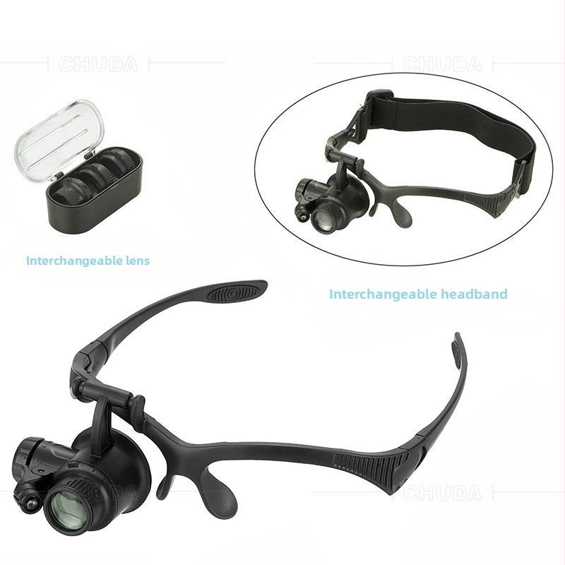 Galvos užsidėjimo didinamoji lęšio su LED apšvietimu, keičiamas galvos dirželis ir lęšiai, didinimas 10x–25x, plastiko korpusas su akriliniais lęšiais, modelis 9892F