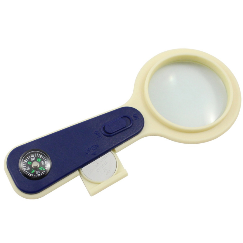 Chuda rankinė didinamoji lupa su LED apšvietimu ir kompasu, skirta skaitymui ir fizikos pamokoms