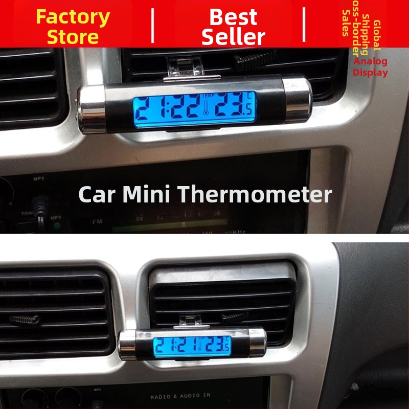 Automobilio elektroninis laikrodis su temperatūros ir drėgmės matuokliu, su šviesą išskiriančiu LCD ekranu ir reguliuojamu kampu