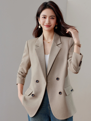 Дамско сако за костюм, свободен силует, двуредова закопчалка, яка на костюм, дълги ръкави, плат спандекс 30–50%