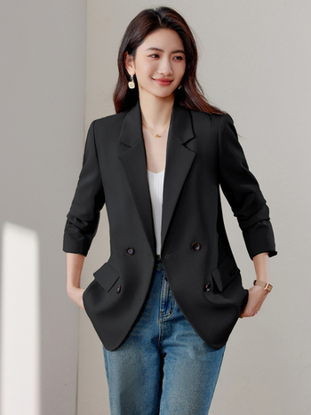 Дамско сако за костюм, свободен силует, двуредова закопчалка, яка на костюм, дълги ръкави, плат спандекс 30–50%