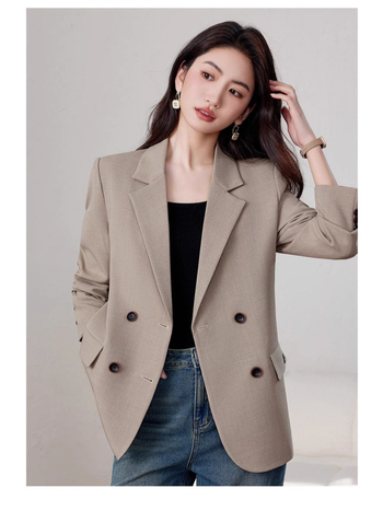 Дамско сако за костюм, свободен силует, двуредова закопчалка, яка на костюм, дълги ръкави, плат спандекс 30–50%