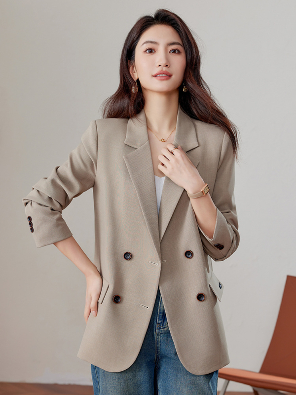 Дамско сако за костюм, свободен силует, двуредова закопчалка, яка на костюм, дълги ръкави, плат спандекс 30–50%