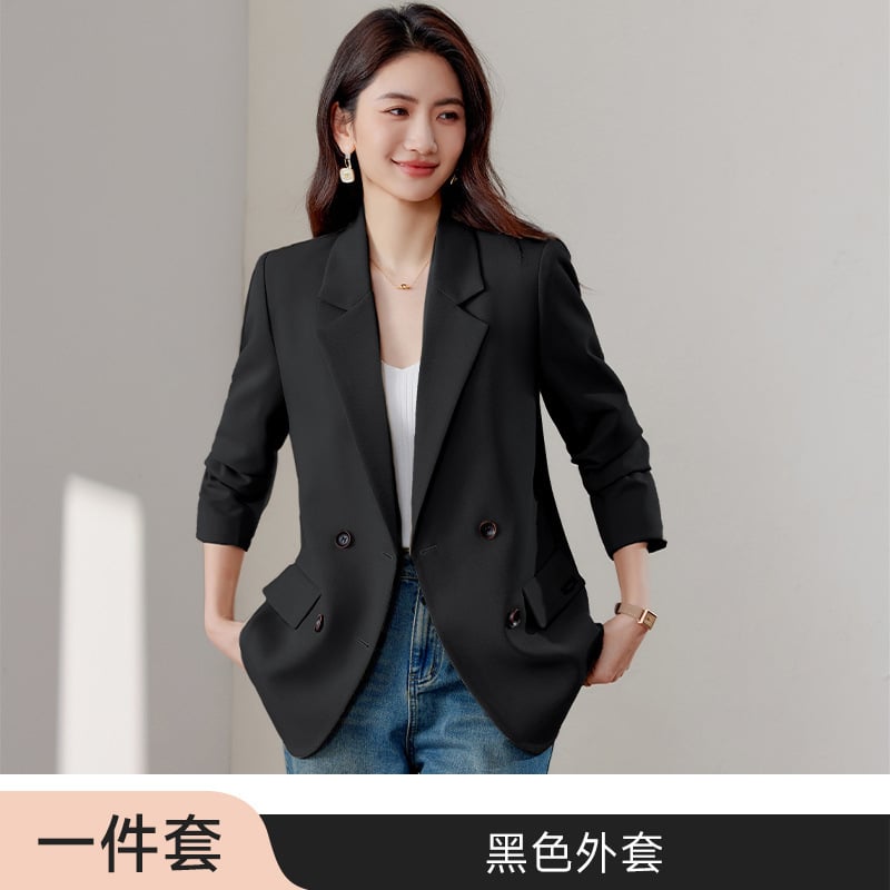 Дамско сако за костюм, свободен силует, двуредова закопчалка, яка на костюм, дълги ръкави, плат спандекс 30–50%
