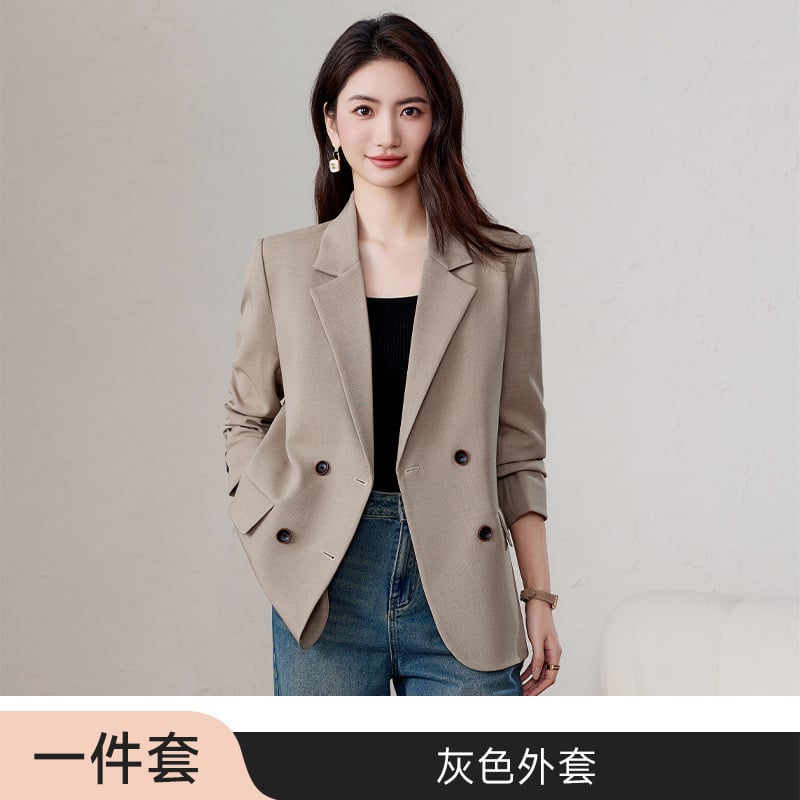 Дамско сако за костюм, свободен силует, двуредова закопчалка, яка на костюм, дълги ръкави, плат спандекс 30–50%