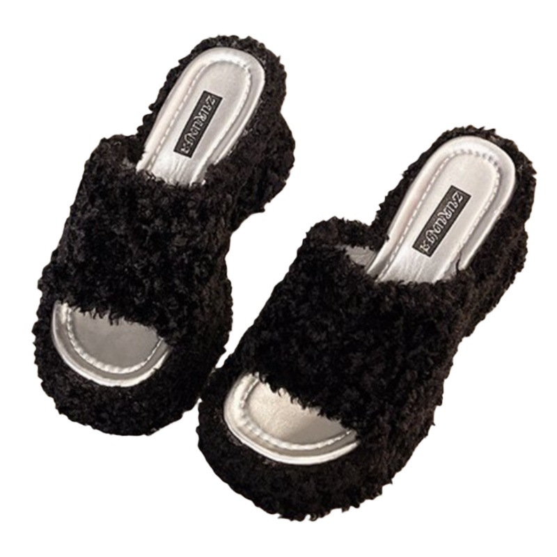 Ženske sandale s platformom, otvoreni prsti, umjetno pliš na gornjoj strani, gumena potplata, bez podstava, zima 2025