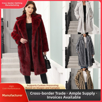 Ilgas dirbtinės kailio paltas moterims, vakarietiško miesto stilius, su kostiumo apykakle, ruduo 2025