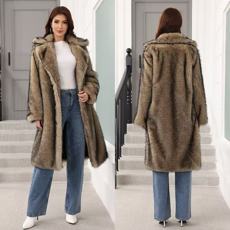 Hosszú műszőrme kabát nőknek, öltöny gallérral, hosszú ujjú, nyugati street-hipster stílus, őszi 2025