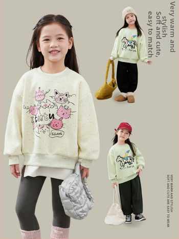 Vaikiškas medvilninis džemperis su fliso viduje, storas, su apvaliu kaklu, ilgomis rankovėmis, Cartoon raidžių raštas, 3-8 metų amžiaus, žiema ir ruduo.