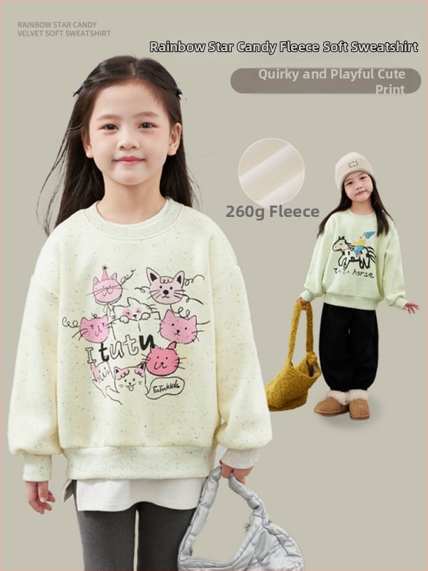 Παιδικό φούτερ από βαμβάκι με φλις επένδυση, χοντρή εσωτερική επένδυση, με γυριστό λαιμό, μακριά μανίκια, σχέδιο καρτούν/γραμμάτων, για κορίτσια 3-8 ετών, κατάλληλο για χειμώνα και φθινόπωρο.