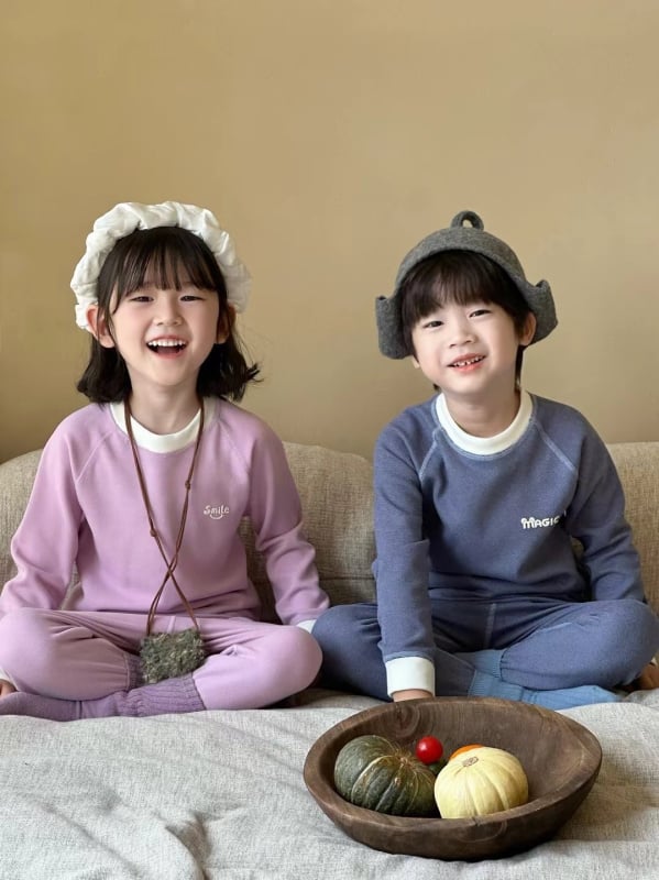 Gyerekek termális alsóruha készlet, uniszex, téli szezon, brushed fleece poliészter 95%, Korea-stílus, két darabos felső és alsóruha, melegen tart