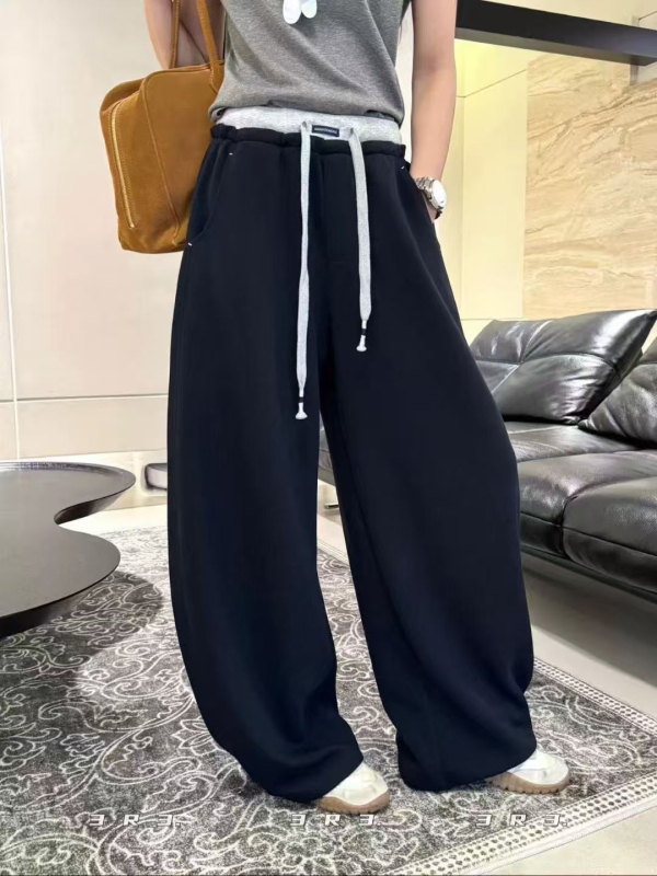 Francuski stil trenirke hlače s vezanjem u struku i elastičnim pojasom, široke nogavice, duljina do poda, jesen 2025, casual moda