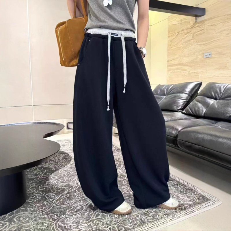 Francuski stil trenirke hlače s vezanjem u struku i elastičnim pojasom, široke nogavice, duljina do poda, jesen 2025, casual moda