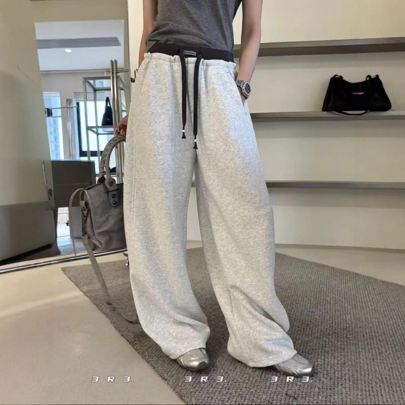 Francuski stil trenirke hlače s vezanjem u struku i elastičnim pojasom, široke nogavice, duljina do poda, jesen 2025, casual moda