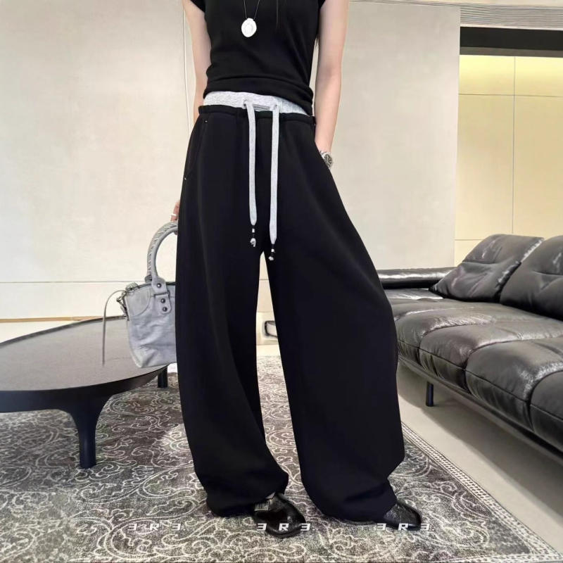 Francuski stil trenirke hlače s vezanjem u struku i elastičnim pojasom, široke nogavice, duljina do poda, jesen 2025, casual moda