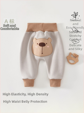 Flisuotos medvilnės miego kelnaitės vaikams su aukštu liemeniu pilvo apsaugai, vidinis flisas, 94% medvilnė + 6% elastanas, pavasaris-ruduo, amžius 1–3 metai