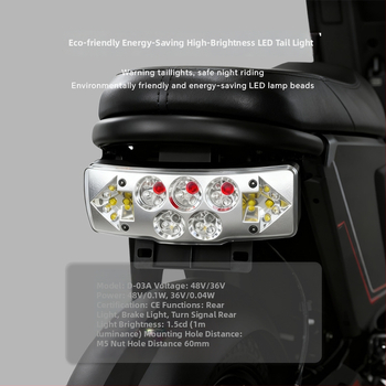 Elektrinio dviračio LED 2-in-1 galinis žibintas su posūkiu – 3W, 36–72V, modelis D-03A, tarnavimo laikas 30 000 valandų