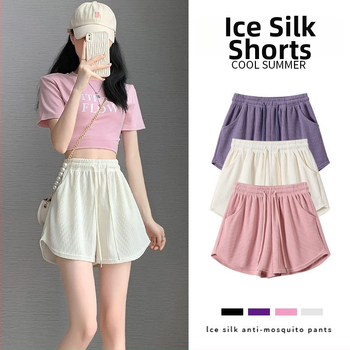Sieviešu Ice Silk šorti - augsta josta, korejiešu stils, taisa piegriezuma, Ice Silk audums, kokvilnas elastāna maisījums
