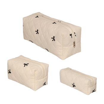 Prenosna torbica za make-up s velikim kapacitetom, mašna detalj, prešivena pamuk tkanina, podstava od poliestera, zatvaranje preklopnim poklopcem