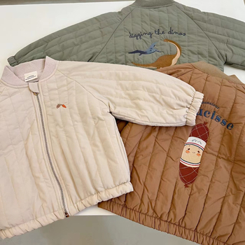 Παιδικό μπουφάν με γέμισμα από βαμβάκι, unisex, μοτίβο με κινούμενα σχέδια, στρογγυλός λαιμός, μακριά μανίκια, μεσαίου μήκους, κορεατικό στυλ, επένδυση από βαμβάκι