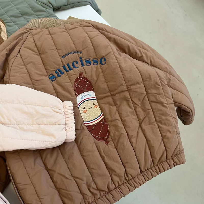 Παιδικό μπουφάν με γέμισμα από βαμβάκι, unisex, μοτίβο με κινούμενα σχέδια, στρογγυλός λαιμός, μακριά μανίκια, μεσαίου μήκους, κορεατικό στυλ, επένδυση από βαμβάκι