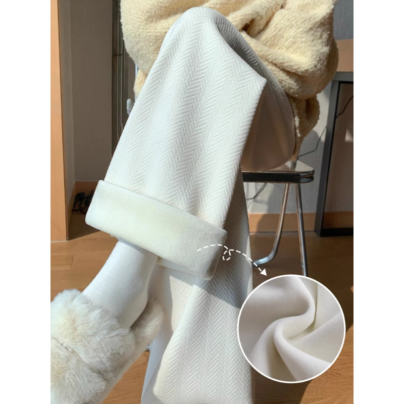 Plus-size ženske široke hlače bež boje s motivom pšenice, za žene, jesen-zima, drapirane, fleece podstava, debele, casual