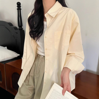 Τοπ πουκάμισο-ζακέτα, φαρδιά γραμμή, 100% βαμβάκι, μονόχρωμο σχέδιο, μακριά μανίκια, πόλο γιακά, πάνελ σχεδίαση, Άνοιξη 2025