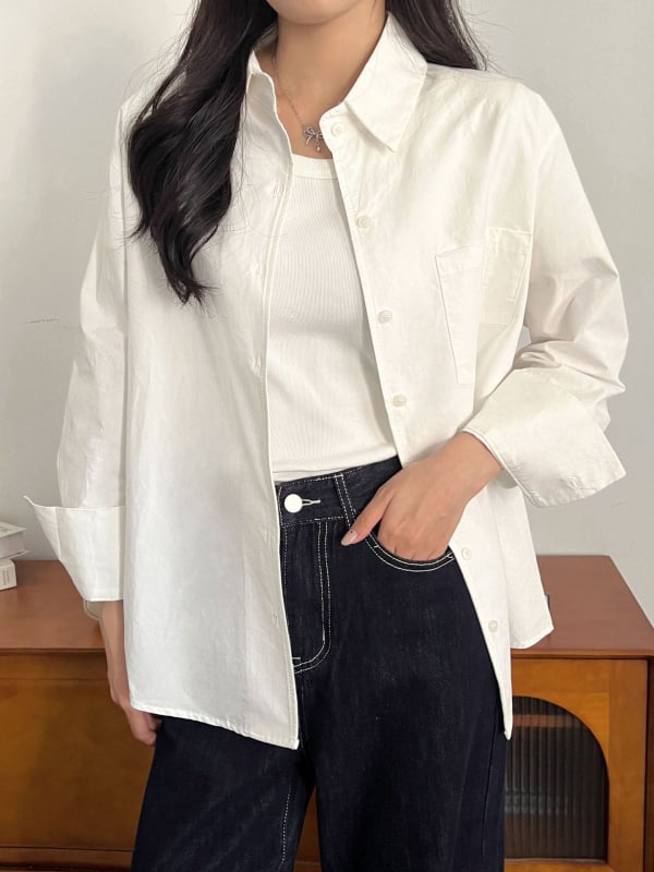 Τοπ πουκάμισο-ζακέτα, φαρδιά γραμμή, 100% βαμβάκι, μονόχρωμο σχέδιο, μακριά μανίκια, πόλο γιακά, πάνελ σχεδίαση, Άνοιξη 2025
