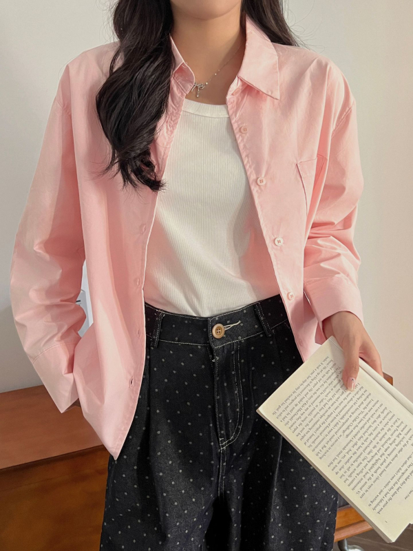 Τοπ πουκάμισο-ζακέτα, φαρδιά γραμμή, 100% βαμβάκι, μονόχρωμο σχέδιο, μακριά μανίκια, πόλο γιακά, πάνελ σχεδίαση, Άνοιξη 2025