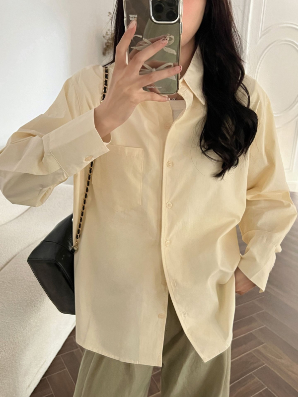 Τοπ πουκάμισο-ζακέτα, φαρδιά γραμμή, 100% βαμβάκι, μονόχρωμο σχέδιο, μακριά μανίκια, πόλο γιακά, πάνελ σχεδίαση, Άνοιξη 2025