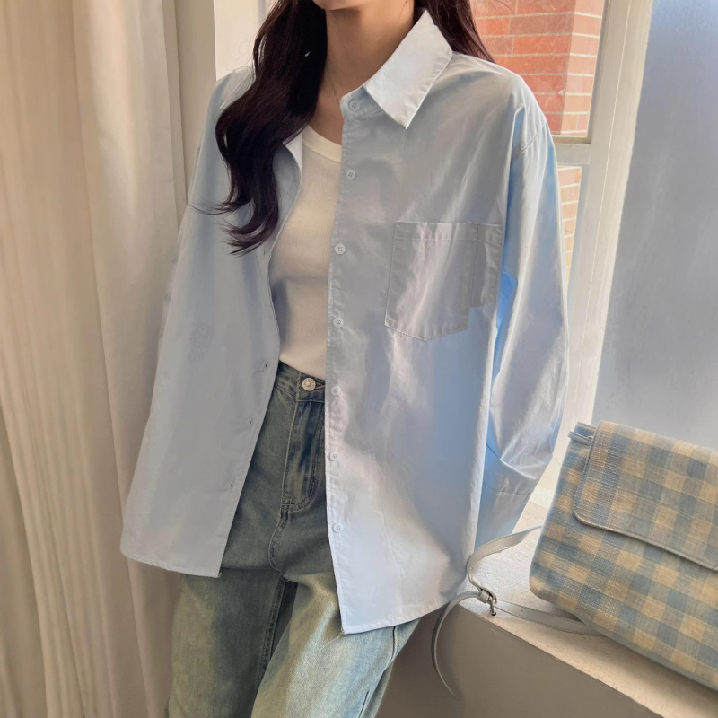 Τοπ πουκάμισο-ζακέτα, φαρδιά γραμμή, 100% βαμβάκι, μονόχρωμο σχέδιο, μακριά μανίκια, πόλο γιακά, πάνελ σχεδίαση, Άνοιξη 2025