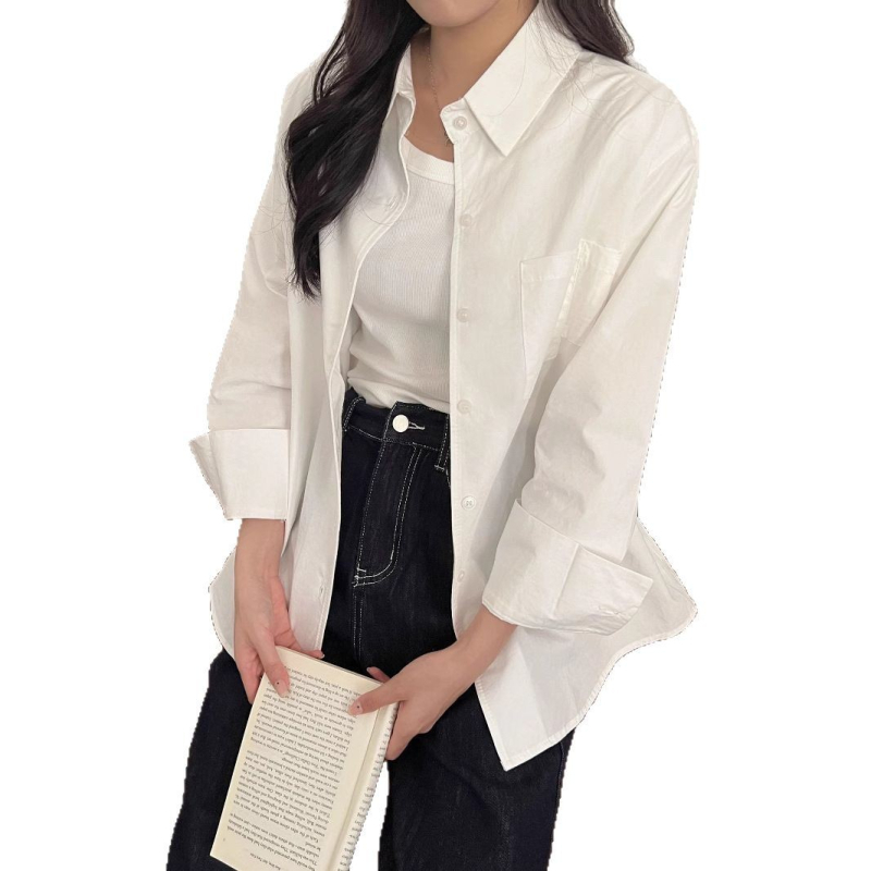 Τοπ πουκάμισο-ζακέτα, φαρδιά γραμμή, 100% βαμβάκι, μονόχρωμο σχέδιο, μακριά μανίκια, πόλο γιακά, πάνελ σχεδίαση, Άνοιξη 2025