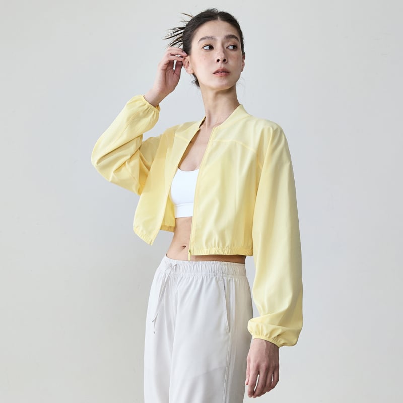 Γυναικεία κοντή, χαλαρή αθλητική ζακέτα με φερμουάρ, κοντά στη μέση, μακριά μανίκια, αναπνεύσιμη ύφανση, πολυεστέρας 91% / σπάντεξ 9%