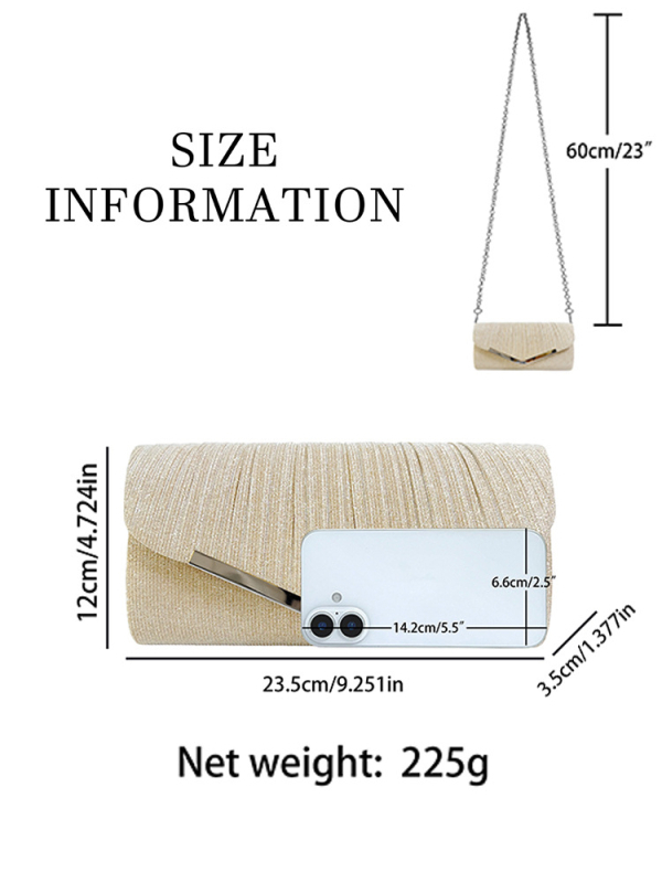 Večernja clutch torbica s sjajnom plisiranom teksturom, vodoravni kvadratni oblik, magnetsko zatvaranje (Materijal: Poliester, Podstava: Poliester, Oblik: Horizontalni kvadrat, Zatvaranje: Magnetsko, Godina/Sezona: Proljeće 2025)