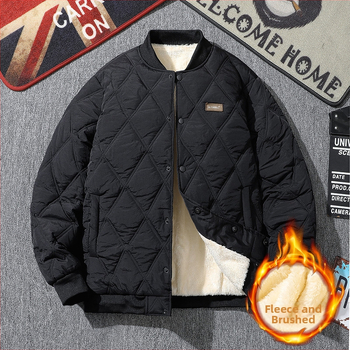 Pánska zimná prešívaná bunda, voľný strih, výplň z imitácie hodvábu a bavlny, fleecová podšívka, bez kapucne