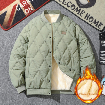 Pánska zimná prešívaná bunda, voľný strih, výplň z imitácie hodvábu a bavlny, fleecová podšívka, bez kapucne