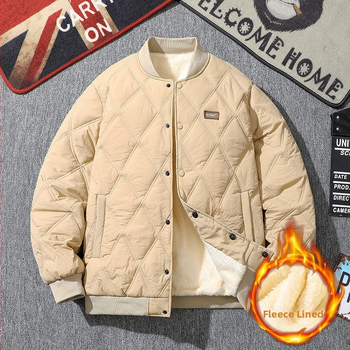 Pánska zimná prešívaná bunda, voľný strih, výplň z imitácie hodvábu a bavlny, fleecová podšívka, bez kapucne