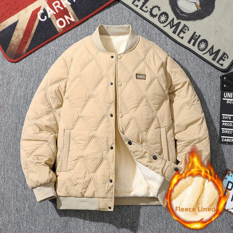 Pánska zimná prešívaná bunda, voľný strih, výplň z imitácie hodvábu a bavlny, fleecová podšívka, bez kapucne