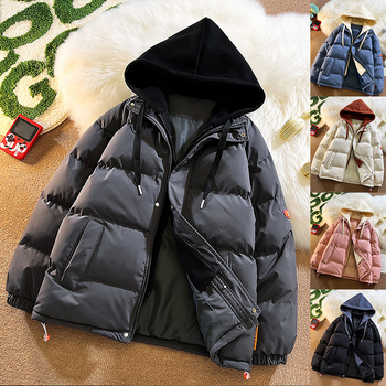 Pánska bavlnená prešívaná bunda s kapucňou, kórejský štýl, voľný strih, zips na prednej strane