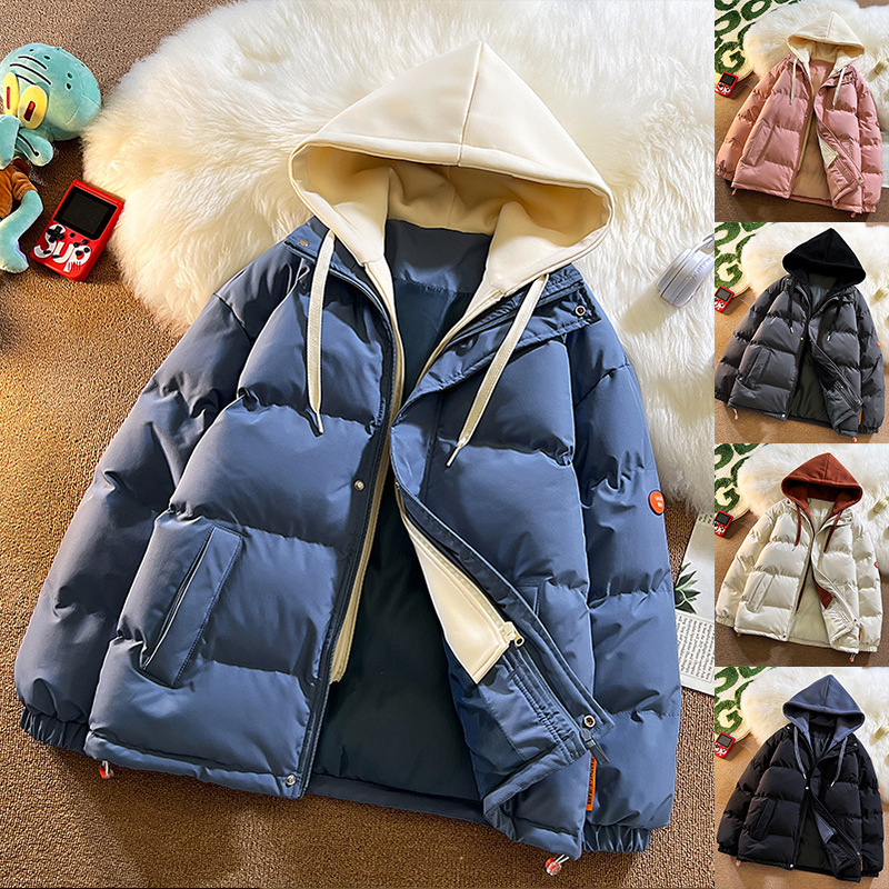 Pánska bavlnená prešívaná bunda s kapucňou, kórejský štýl, voľný strih, zips na prednej strane