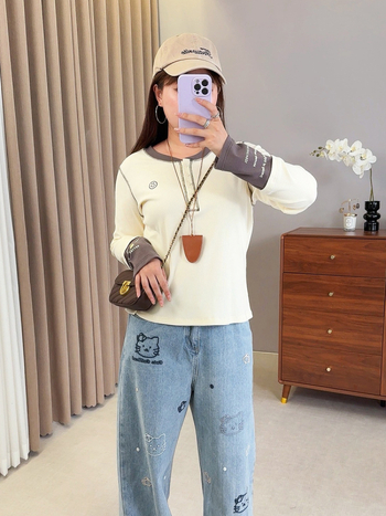 Női kapucnis patchwork felső, hosszú ujjú, közepes vastagságú pamut-viszkóz keverék