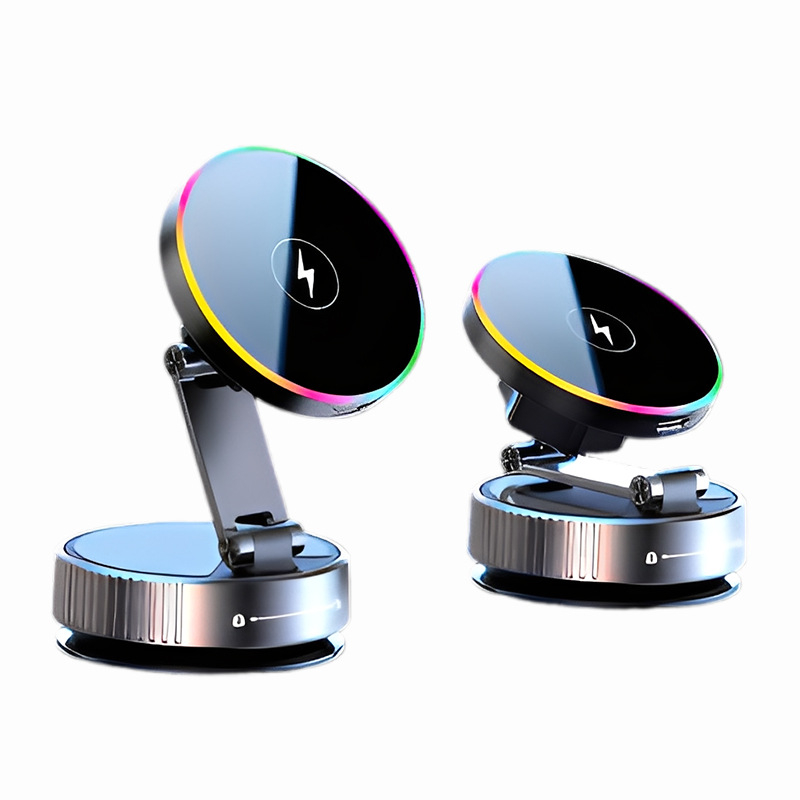 Автомобилен държател за телефон с магнитно безжично зареждане, 15W, универсален, сгъваем и въртящ се, монтаж чрез вакуумна чашка