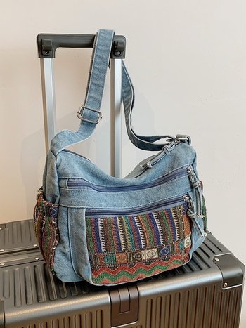 Τζιν crossbody τσάντα με πολλαπλά διαμερίσματα και μεγάλη χωρητικότητα: θήκη τηλεφώνου και εγγράφων, φερμουάρ