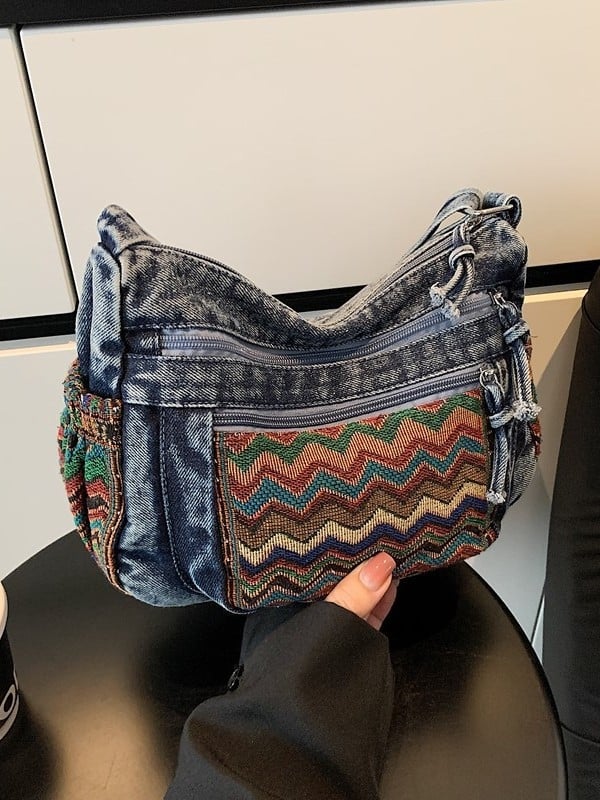 Τζιν crossbody τσάντα με πολλαπλά διαμερίσματα και μεγάλη χωρητικότητα: θήκη τηλεφώνου και εγγράφων, φερμουάρ